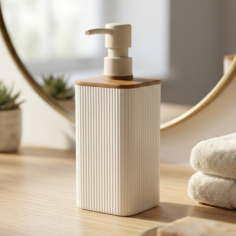 Dispensador de jabon mina c/madera cuadrado rayas BLANCO