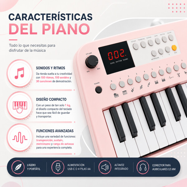 Organo Musical Infantil Medeli 37 Teclas Portátil Mk1 ROSADO