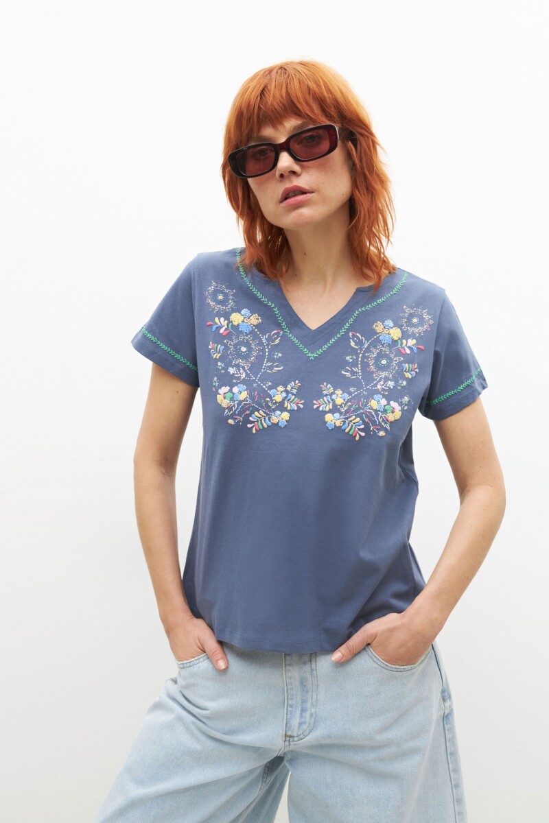 Remera puff print floral azul piedra