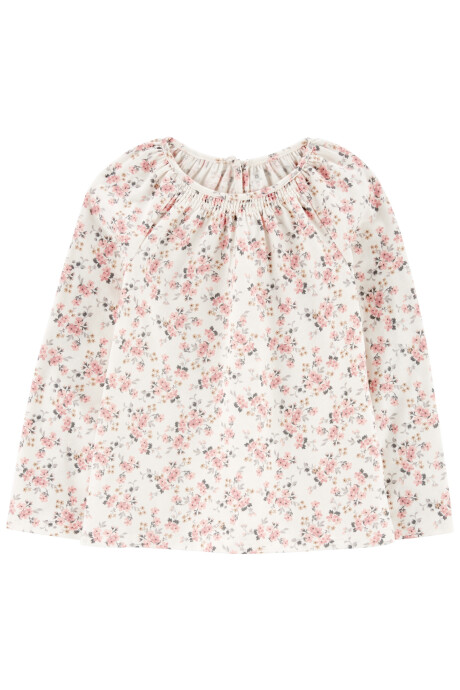 Blusa de algodón, con detalle de fruncido, diseño floral Sin color