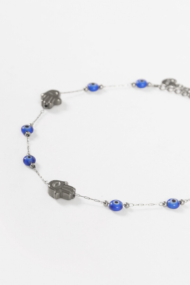 Tobillera acero ojitos hamsa resina plateado