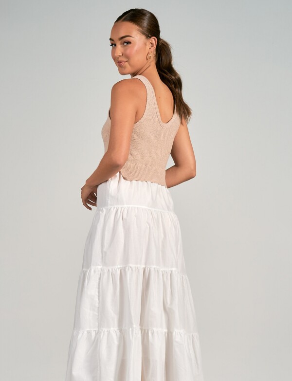 Vestido Midi Combinado Tejido Y Falda Escalonada BEIGE