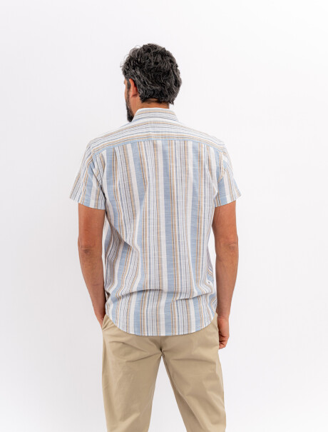 Camisa m/c efecto lino rayada azul/beige