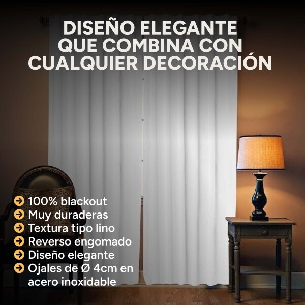 Cortina Blackout 100% Engomada Termica Set 2 Paños Tipo Lino Color Variante Blanco