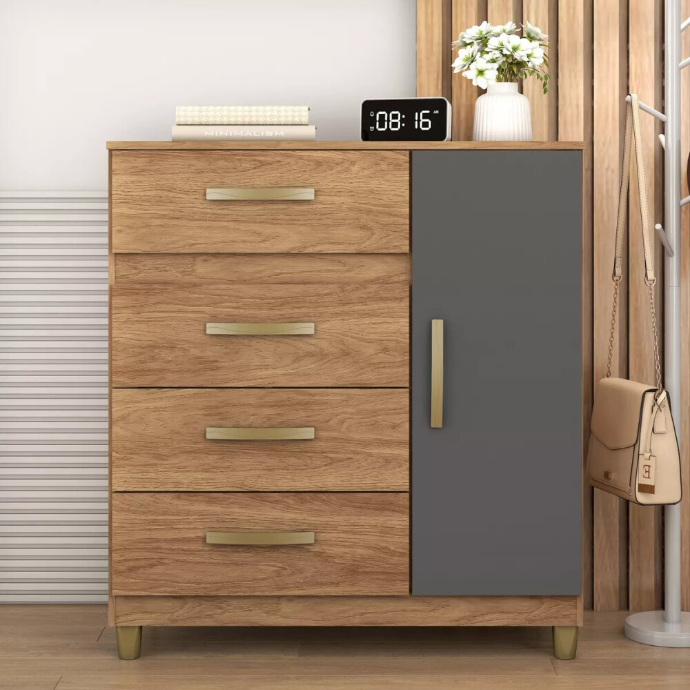 CÓMODA CAJONERA GUARDARROPA 4 CAJONES 1 PUERTA COLOR MADERA GRIS