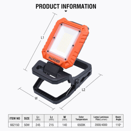 LUZ DE TRABAJO LED INALAMBRICA 50W CUERPO ALUM CON PINZA SUJECION HARDEN ++ N/a