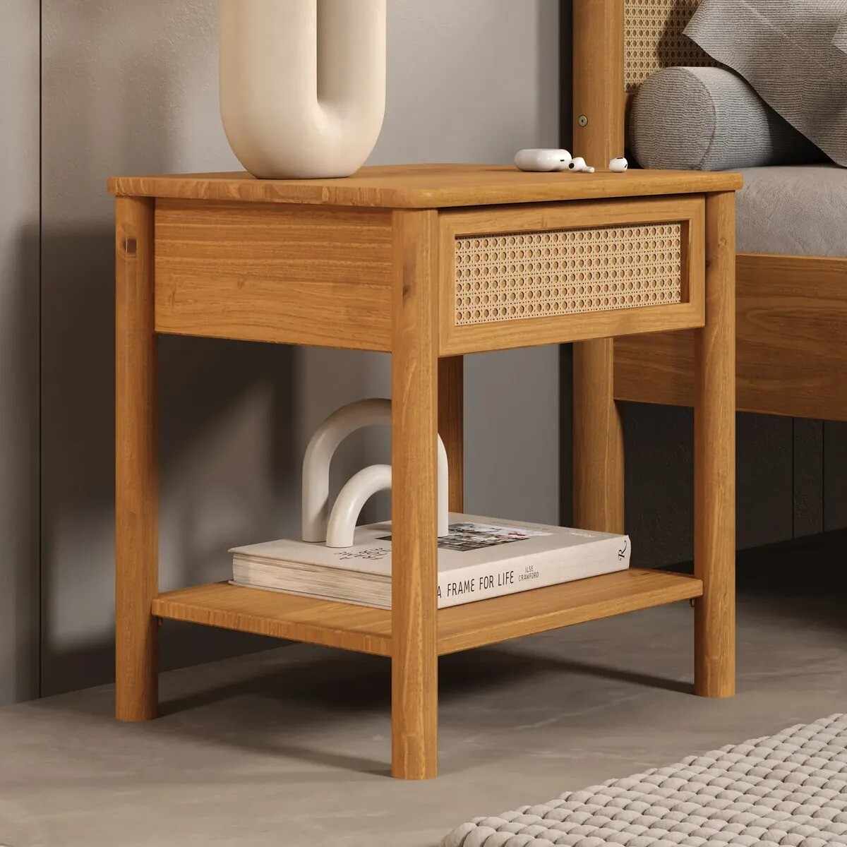 MESA DE LUZ MADERA MACIZA RATAN 2 CAJÓN DORMITORIO 