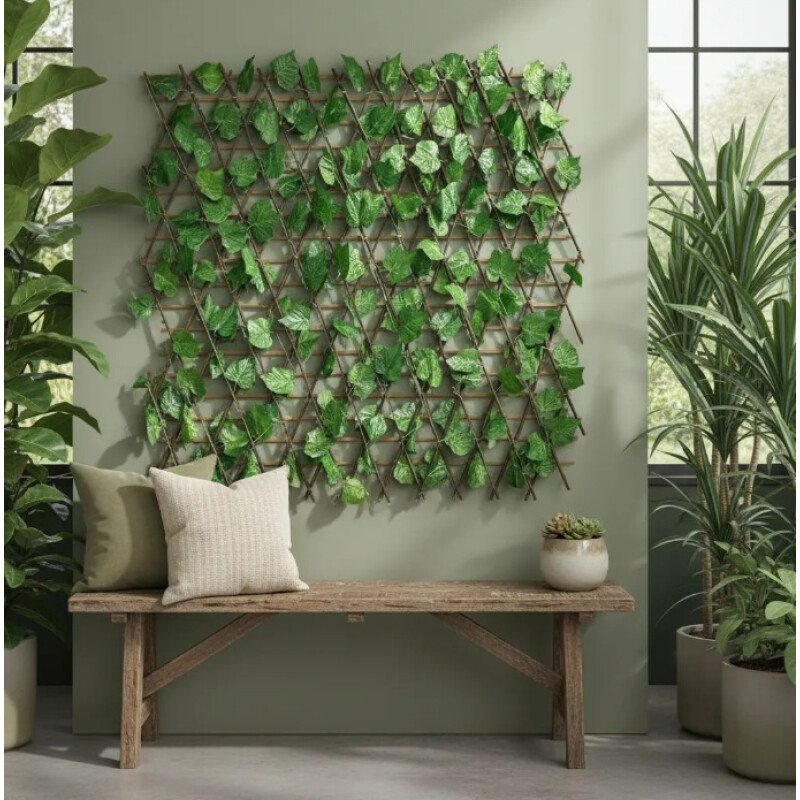 Cerco De Madera Con Hojas Artificiales Para Decoración Verde