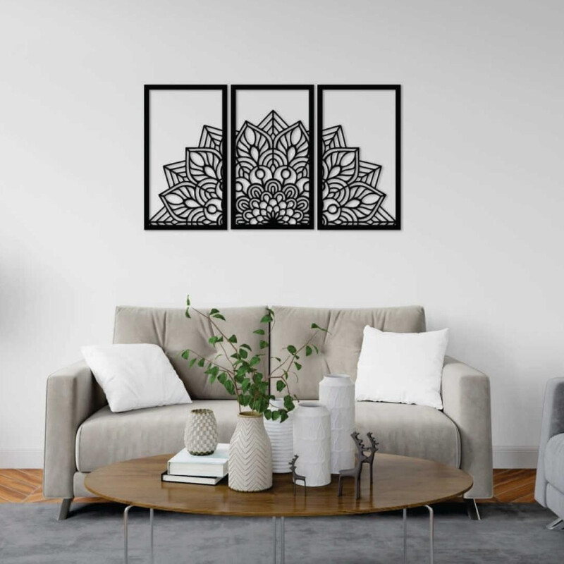 Triptico Cuadro Mandala En Madera Calada 103 X 70 Cmts Negro