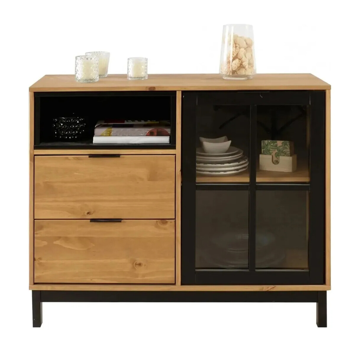 APARADOR BARGUEÑO EN MADERA MACIZA - 2 CAJONES - PUERTA EN VIDRIO 