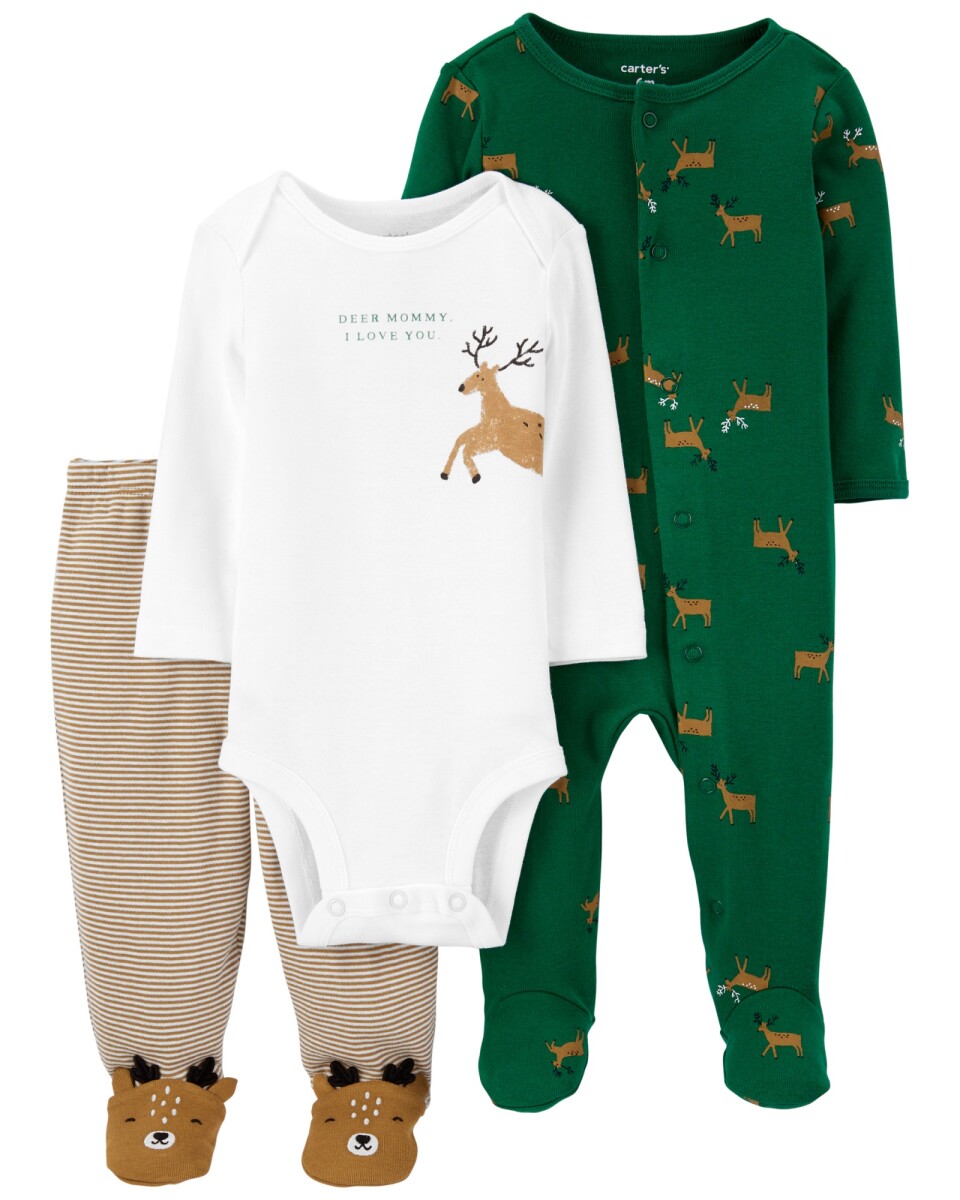 Set tres piezas pelele con pie, body manga larga y pijama con botones de algodón diseño reno 