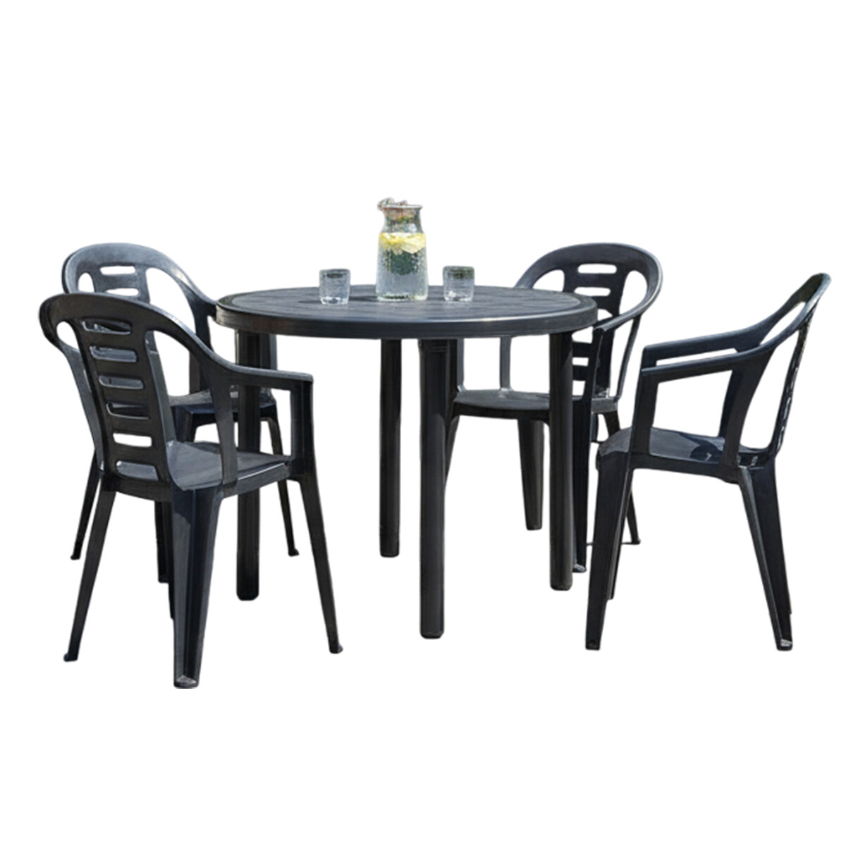 Juego De 4 Sillas Y Mesa Redonda Plastico Negro 