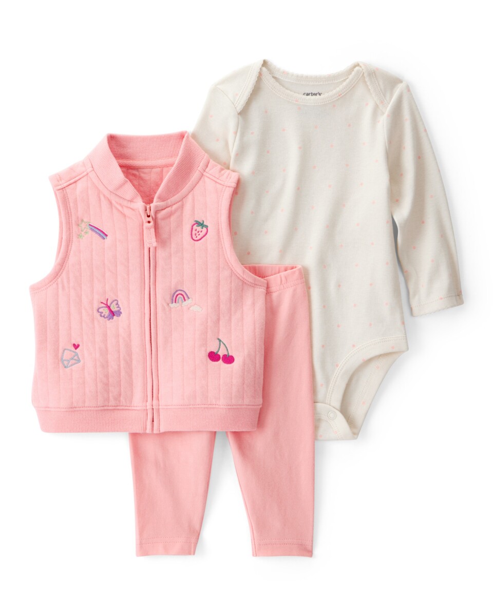 Set tres piezas de algodón, chaleco bordado, pantalón y body 