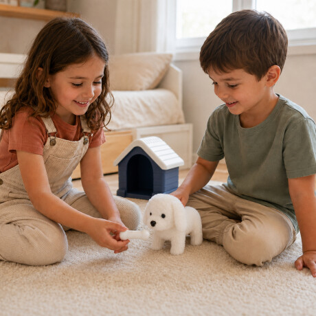 Perrito de peluche con casita y accesorios Blanco