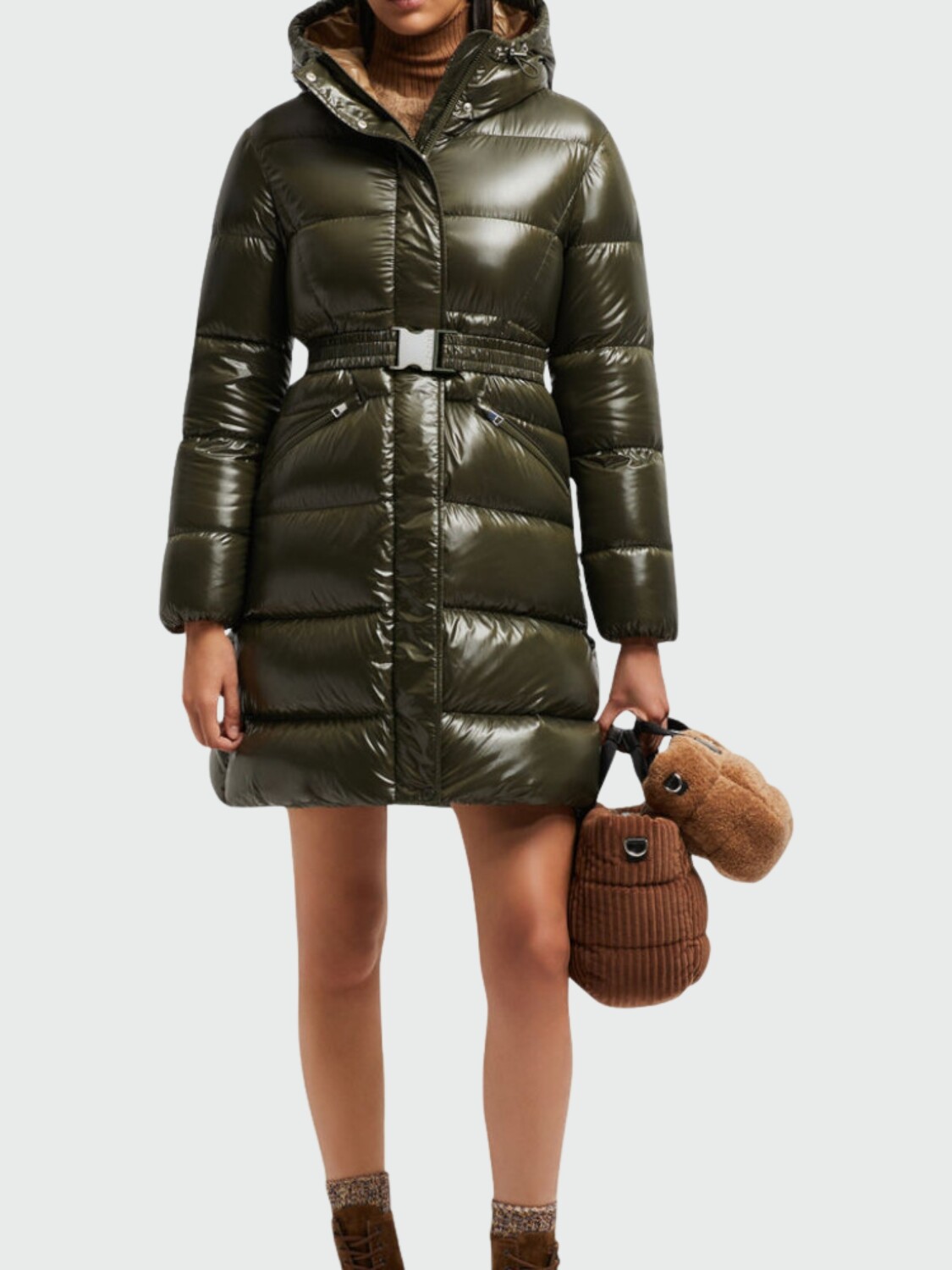 Moncler - Campera larga rellena de plumas con cinto ajustable, Bellevue Verde