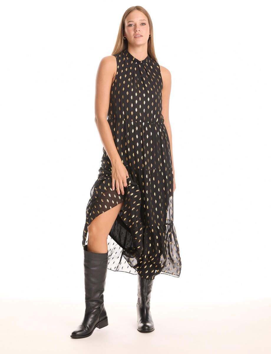 Vestido Gasa Lurex - Negro/dorado 