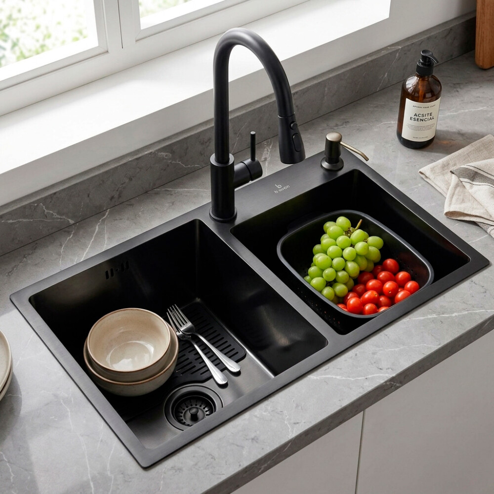 PILETA DOBLE 201 NEGRO MATE CON DISPENSADOR DE JABON Pileta Doble 201 Negro Mate Con Dispensador De Jabon