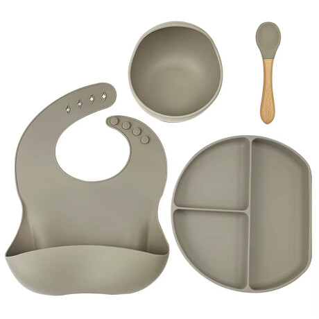 Set de Comida Bebé con Babero Plato Bowl Cuchara en Silicona Gris