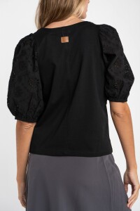 Remera Manga Globo Broderie Negro