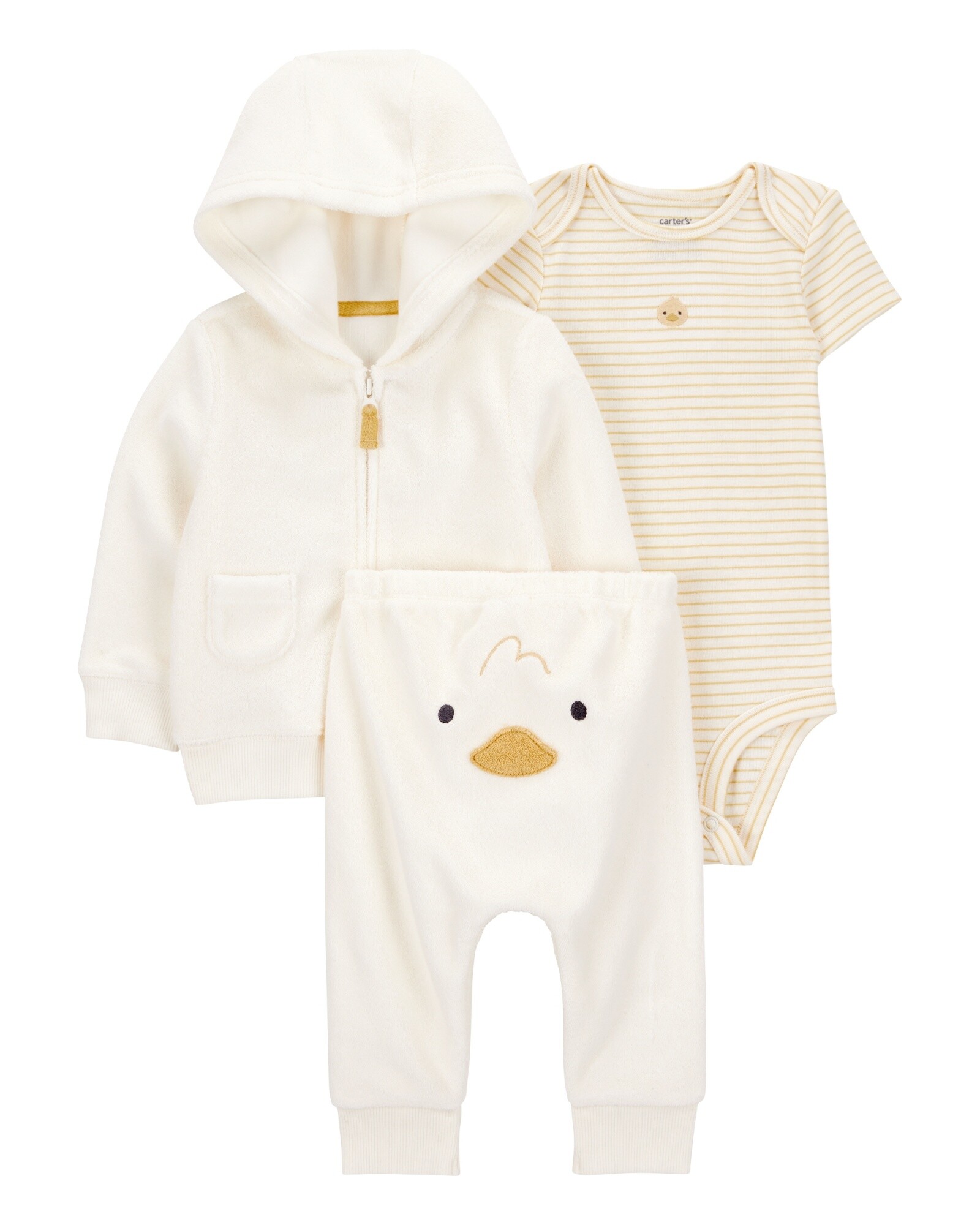 Set tres piezas de algodón, campera y pantalón de terry, más body, diseño pato Sin color