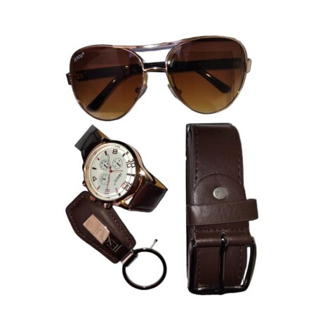 Pack Llavero Lentes de Sol Reloj y Cinturón E-059 BEIGE