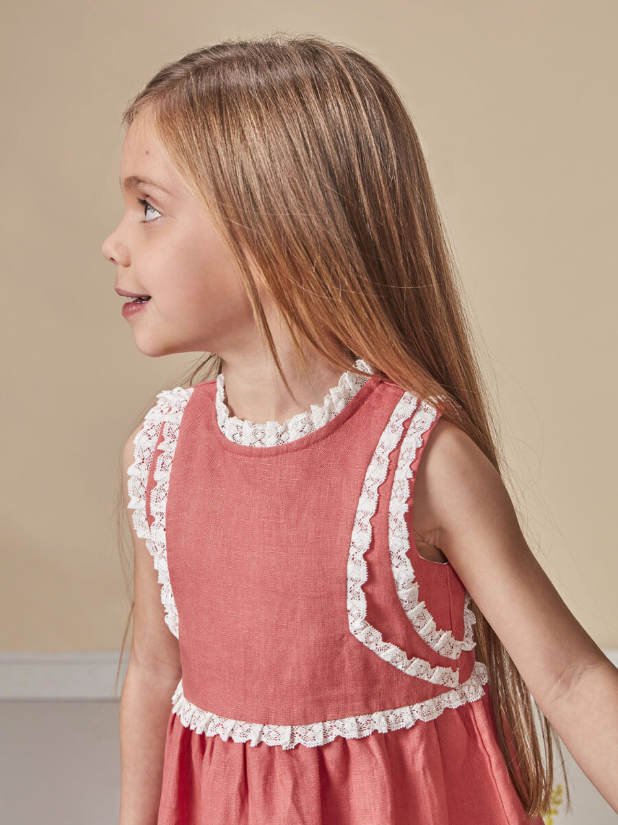 Vestido Lino Con Tiras Bordadas En Contr Fresa Claro