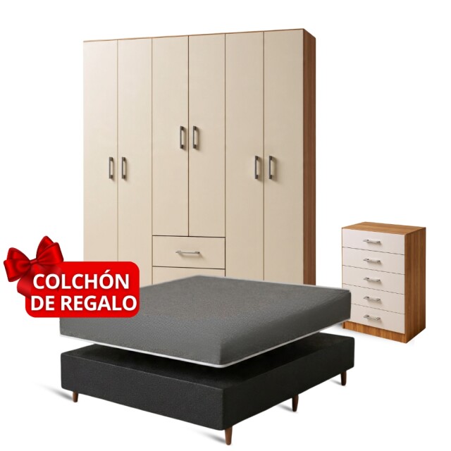 COMBO DORMITORIO COMPLETO: ROPERO + CÓMODA + BASE Y COLCHÓN DE REGALO COMBO DORMITORIO COMPLETO: ROPERO + CÓMODA + BASE Y COLCHÓN DE REGALO