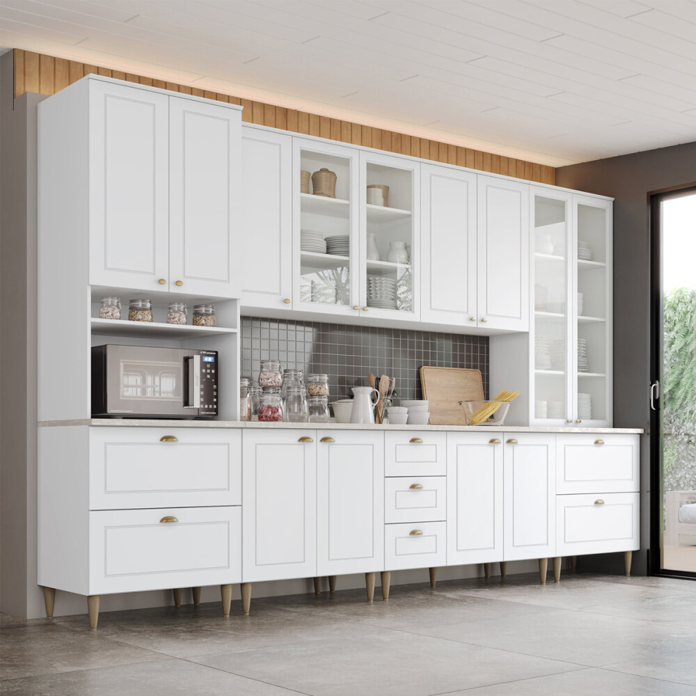 PANELERO TORRE 2 PUERTAS EN VIDRIO 2 CAJONES ARMARIO CON ESTANTERÍA - LINEA AMERICANA BLANCO