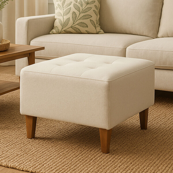 Puff tela y patas de madera Bouclé