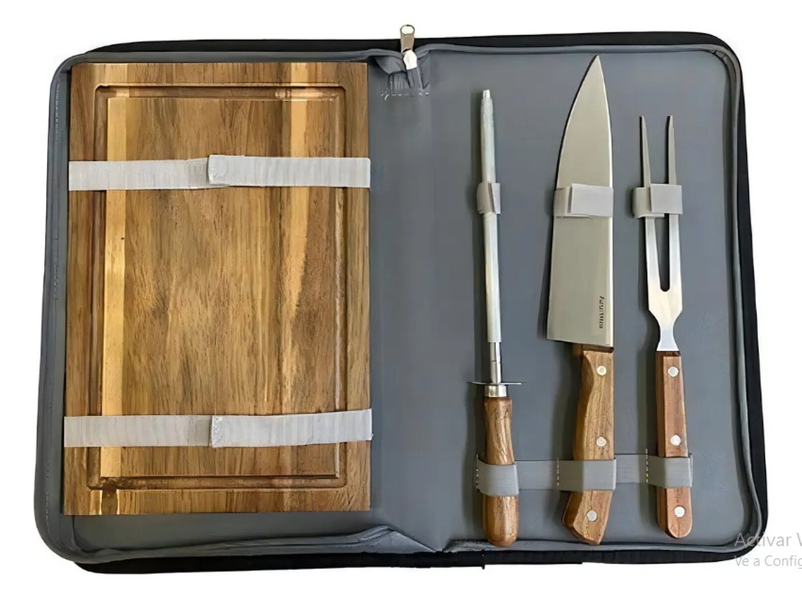 Set para Asado 4 Piezas con Estuche Gris Cuchillo Tenedor y Afilador 
