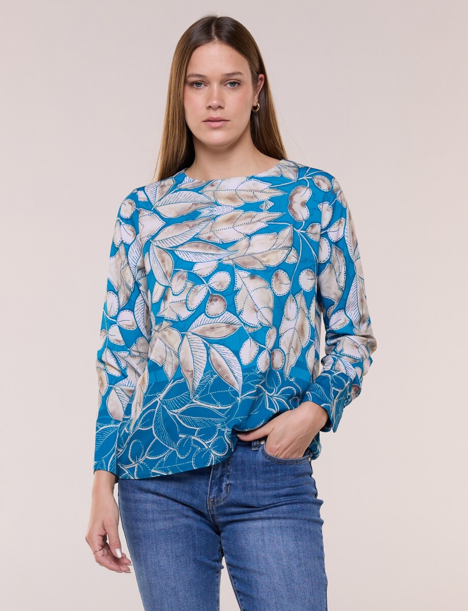 Blusa De Caída Fluida Con Escote Redondo - Turquesa/multi 