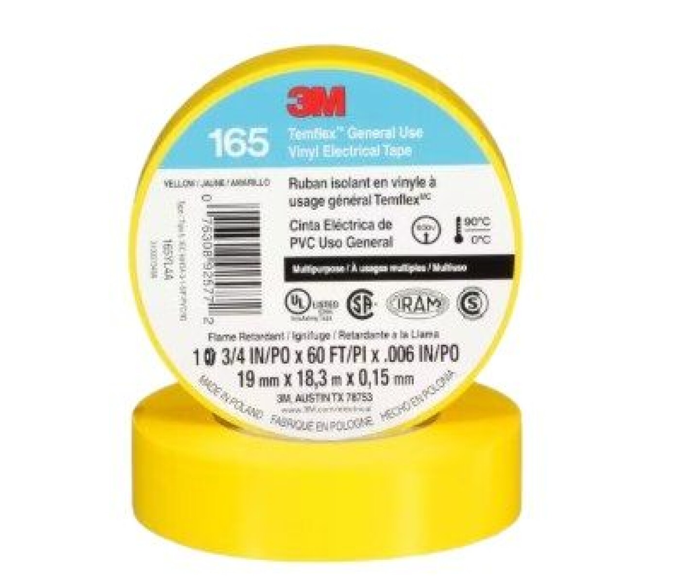 CINTA AISLADORA DE PVC 3M TEMFLEX 165 AMARILLO 19MM X 18 M 