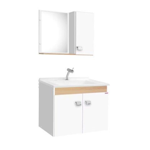 Mueble de baño suspendido Roble 56 cm con bacha de marmolina, espejo y botiquín Mueble De Baño Suspendido Roble 56 Cm Con Bacha De Marmolina, Espejo Y Botiquín