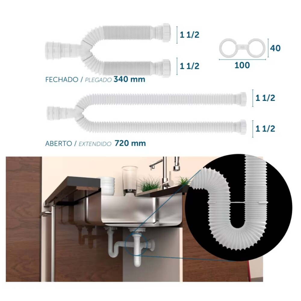 Sifón extensible doble negro universal Blukit 70 cm Sifón Extensible Doble Negro Universal Blukit 70 Cm