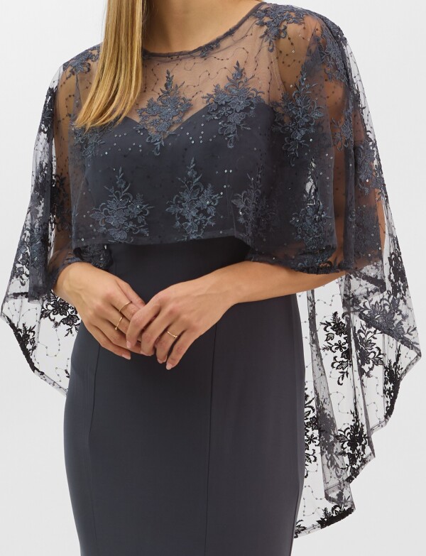 Vestido Maxi Con Capa Bordada GRIS OSCURO
