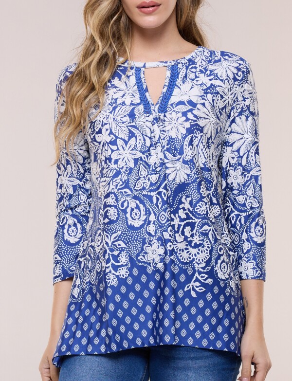 Blusa Keyhole Printed BLANCO/AZUL