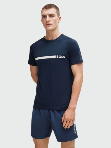 BOSS - Remera de Algodón con raya y logo Azul
