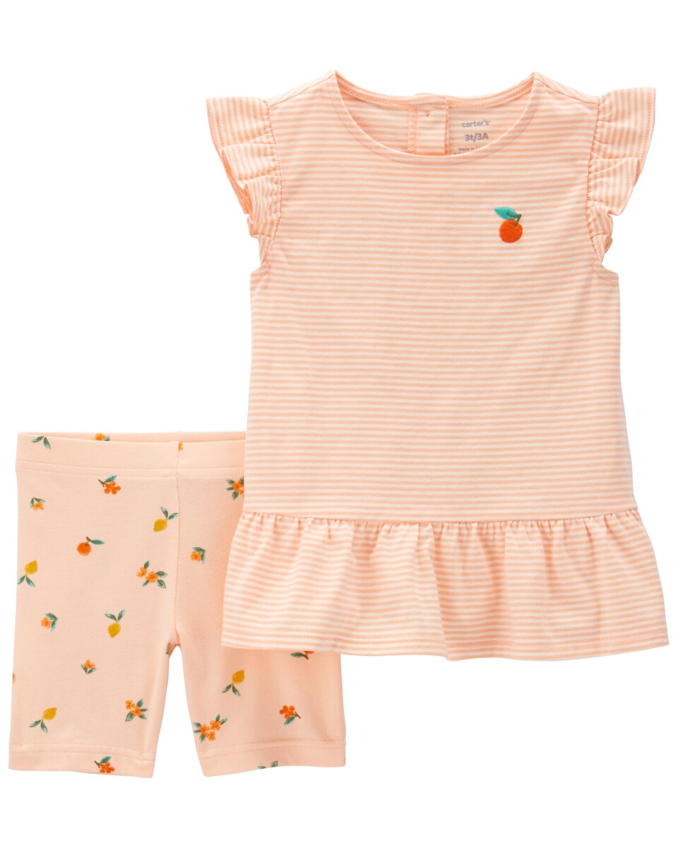 Set dos piezas de algodón, short ciclista y top con volantes, diseño duraznos 