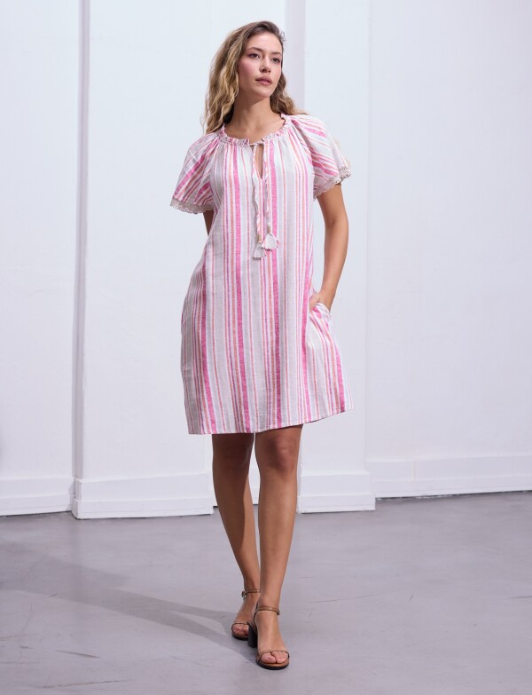 Vestido Lino Lineas MULTI/FUCSIA