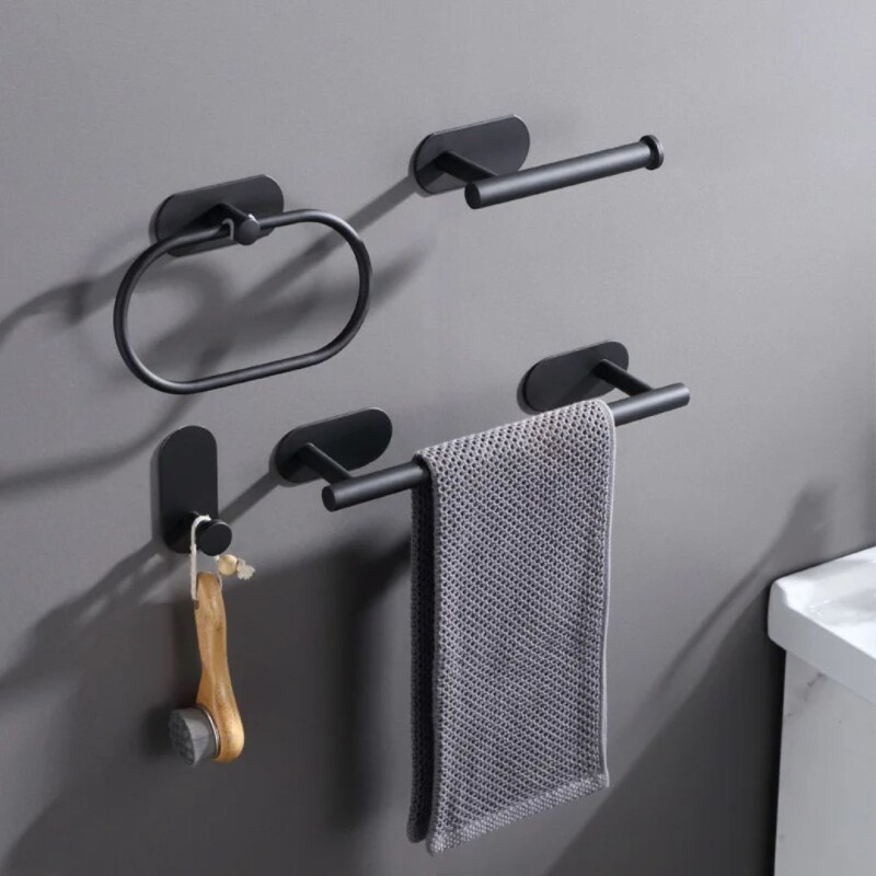 Set Accesorio Baño Juego 4 Piezas Negro Adhesivo Acero Inoxidable Set Accesorio Baño Juego 4 Piezas Negro Adhesivo Acero Inoxidable