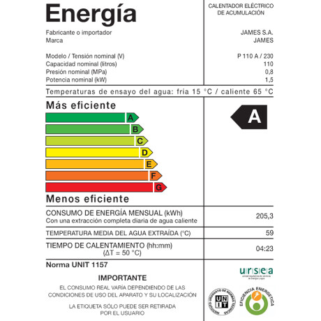 Termotanque JAMES 110 Lts Acero