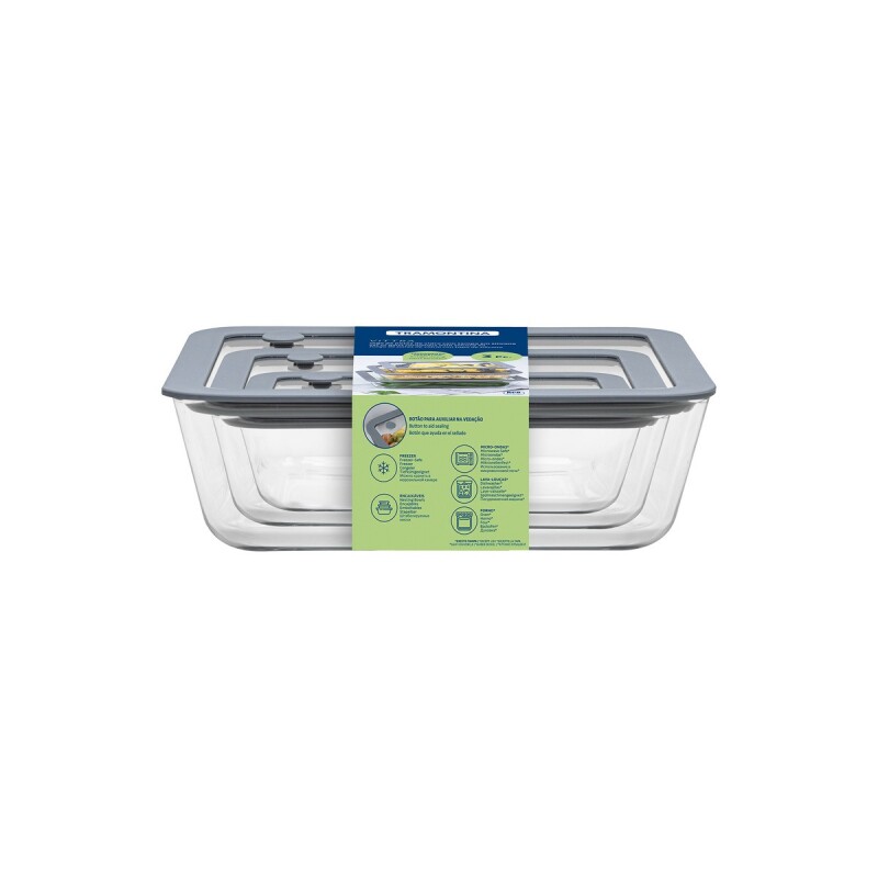 Juego de 3 tuppers de Vidrio Tramontina Vittra Rectangulares con Tapa Hermética de Silicona 64220/770 Juego de 3 tuppers de Vidrio Tramontina Vittra Rectangulares con Tapa Hermética de Silicona 64220/770