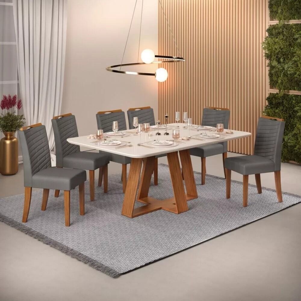 Juego De Comedor - 6 Sillas + Mesa Vidrio - Celeste Beige - Gris