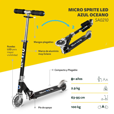 Monopatín Micro Sprite Plegable LED Ajustable con 2 Ruedas NEGRO