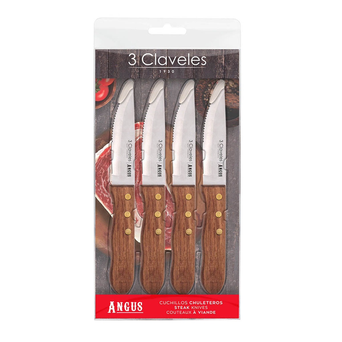 Set X4 Cuchillos p/ Carne Asado en Acero Inox y Mango Madera - Marrón 