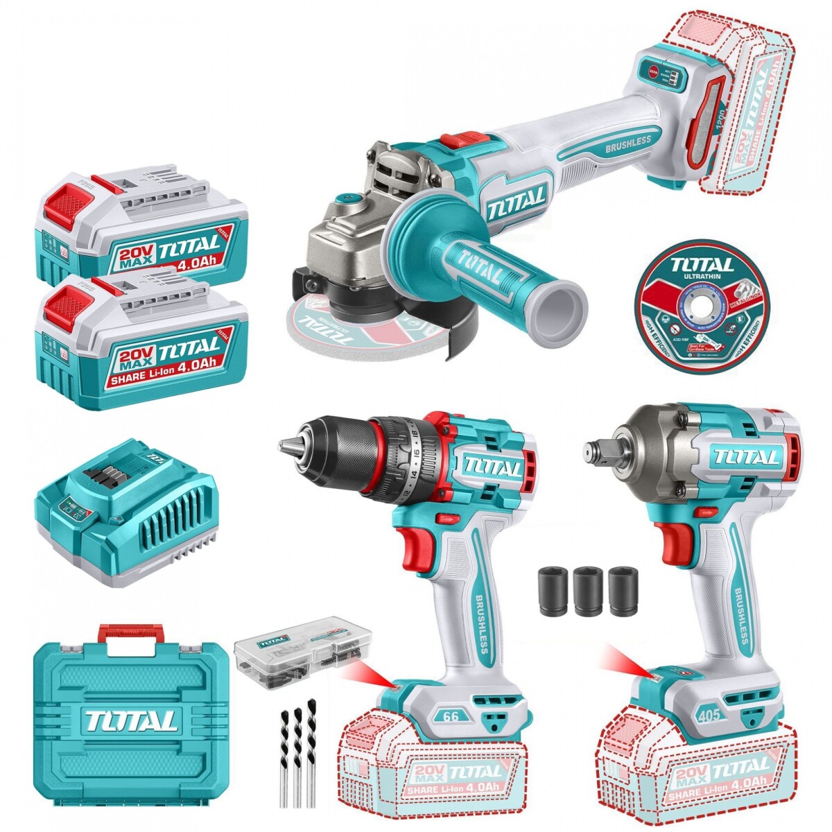 Kit Línea 20v Sin Carbones: Atornillador Percutor 66Nm + Amoladora 4.1/2" + Llave De Impacto 1/2", 2 Baterías 4.0Ah 