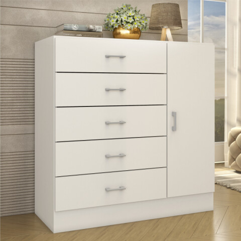 Comoda Cajonera para Dormitorio de 5 Cajones 1 Puerta y 1 Estante interno - FE - Blanco Comoda Cajonera para Dormitorio de 5 Cajones 1 Puerta y 1 Estante interno - FE - Blanco