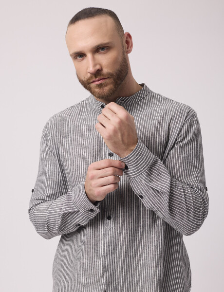 Camisa m/l lino rayada negro