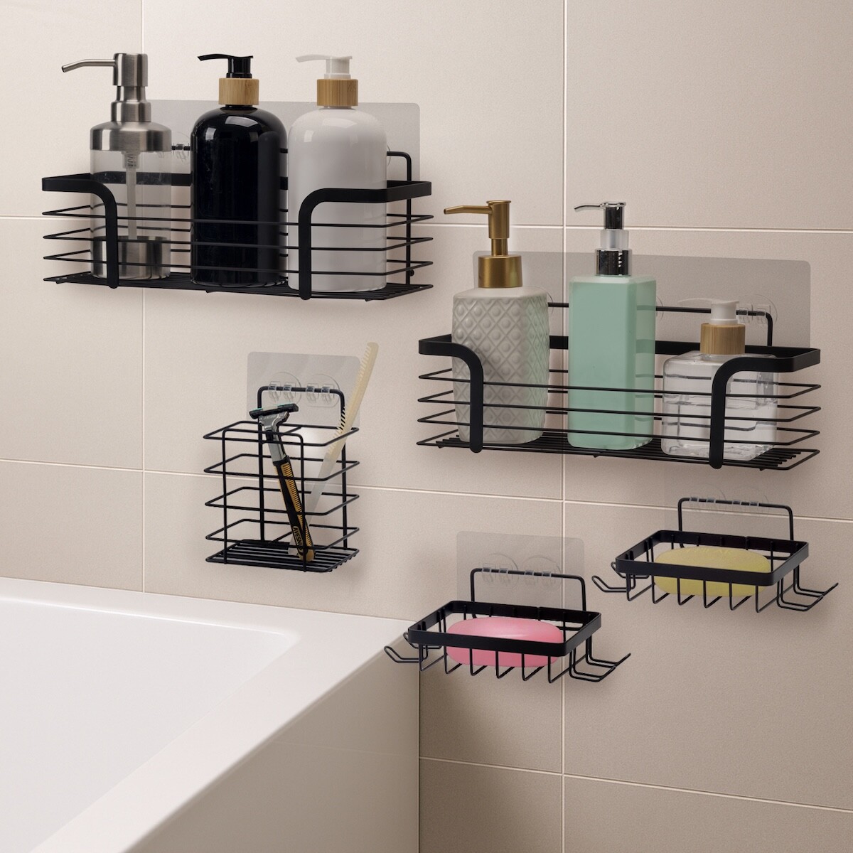 Set x5 Estante Organizador Baño Accesorios Con Adhesivos IMBACK Color Negro 