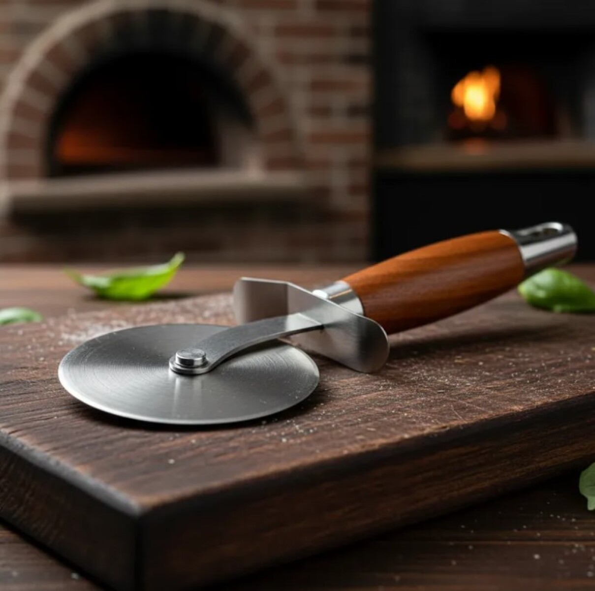 Cortador de Pizza de Acero Inoxidable con Mango de Madera 